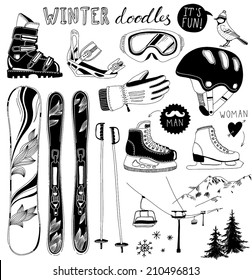 hand-drawn doodles of winter sport equipment
