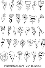 Hand-drawn doodle-style abstract flower set in black-and-white vector. Simple, whimsical shapes for patterns, fabrics, tattoo templates, postcards, and more. minimalist floral designs.