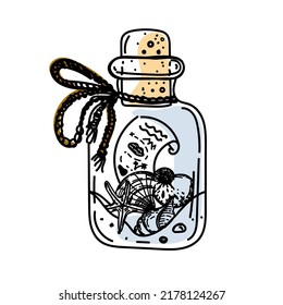 Hand-drawn doodle-style glass bottle with cork. Vintage bottle with a note. Shells. Treasure card. Treasure. Pirates. Simple vector illustration.
