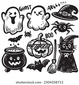 Hand-drawn doodle-style Halloween illustration featuring a black cat, a crescent moon, a witch hat, a pumpkin, and other festive elements. Each on a separate layer, can be removed or replaced