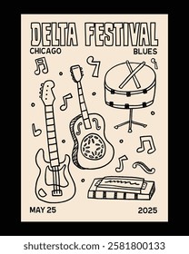 Hand-drawn doodle-style illustration of a blues music festival poster, featuring guitars, a harmonica, and a snare drum, perfect for event branding and music promotions.