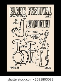 A hand-drawn doodle-style illustration of a jazz music festival poster, featuring saxophones, trumpets, and pianos, ideal for branding and music events.