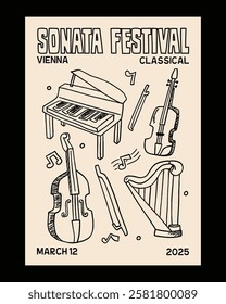 A hand-drawn doodle-style illustration showcasing classical music elements, including a grand piano, violin, cello, and harp, perfect for event branding.