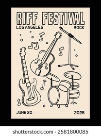 A hand-drawn doodle-style poster for a rock music festival, featuring electric guitars, drum sets, and microphones, ideal for branding and event design.