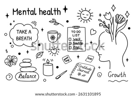Hand-drawn doodle-style vector illustration about mental health and self-care. Includes icons like journal, candle, to-do list, peaceful face. Perfect for wellness blogs, apps, prints.