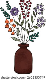 Hand-drawn doodle-style vector illustration of floral vases. Aesthetic and artistic flower bouquet collection in decorative ceramic pots. Perfect for branding, invitations, home decor prints, and gree