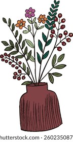 Hand-drawn doodle-style vector illustration of floral vases. Aesthetic and artistic flower bouquet collection in decorative ceramic pots. Perfect for branding, invitations, home decor prints, and gree
