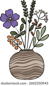 Hand-drawn doodle-style vector illustration of floral vases. Aesthetic and artistic flower bouquet collection in decorative ceramic pots. Perfect for branding, invitations, home decor prints, and gree