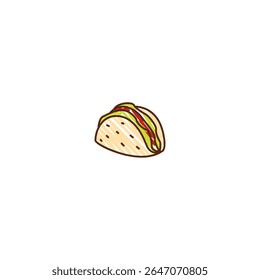 Hand-drawn doodle-style vector of a Mexican taco with meat, lettuce, and tomato filling. Playful and colorful illustration on white background. Ideal for food icons, menus, and Mexican cuisine content