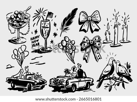 A hand-drawn doodle-style wedding illustration featuring a wedding car, white doves, and champagne. Perfect for romantic design projects, wedding invitations, celebration decorations.