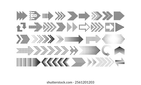 Hand-drawn dotted arrows set. dotted arrow set, Sketch curved dashed arrows design. Arrow handmade, Black pointer with dots and halftone effect, vector, Doodle arrows of various shapes and directions.