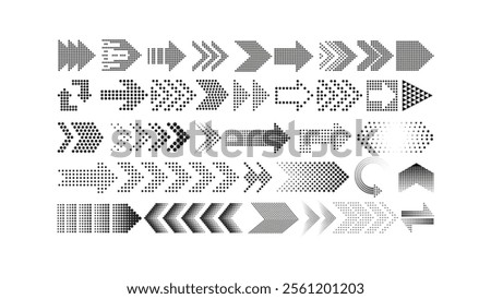Hand-drawn dotted arrows set. dotted arrow set, Sketch curved dashed arrows design. Arrow handmade, Black pointer with dots and halftone effect, vector, Doodle arrows of various shapes and directions.