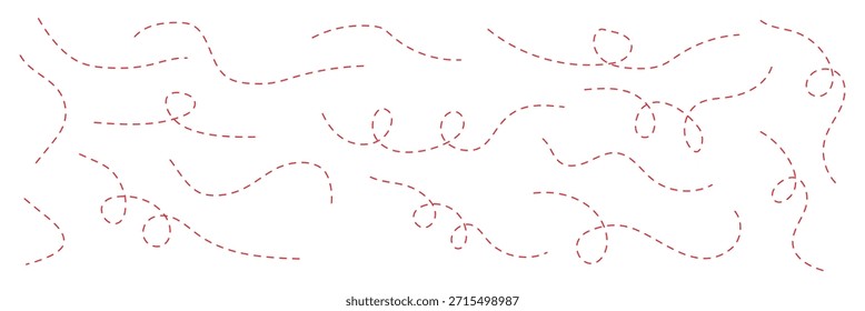 Conjunto de elementos de línea punteada dibujada a mano. trazados de guiones curvos y retorcidos. Línea ondulada y ondulada con curvas, sendero de garabato con bucles, borde decorativo de la onda, divisor de línea punteada, Ilustración vectorial sin fisuras.