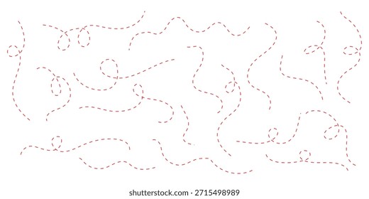 Hand-drawn dotted line element set. curved and twisted dashed paths. Wavy Dashed Curvy Line, Loopy Squiggle Path, Decorative Wave Border, Dotted Line Divider, Seamless Vector Illustration.