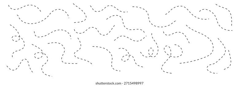 Handgezeichneter gepunkteter Liniensatz. gekrümmte und verdrillte gestrichelte Pfade. Gestrichelte, gewölbte Linie, schlaufenartiger Quietschpfad, dekorativer Wellenrand, gepunkteter Linienteiler, nahtlose Vektorgrafik.