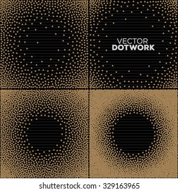Handdrawn Dotwork Round Vintage Engraved Frames. Abstract Halftone Background. Vector illustration. 
