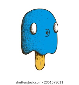Handdrawn Dotwork vector illustration. Cute cartoon character isolated on white background. Live ice cream on stick with blue icing in ghost carnival costume for Halloween. Food concept. Death day