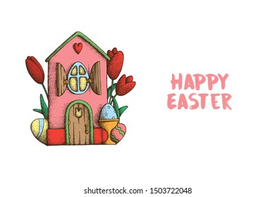 Handdrawn dotwork vector illustration for Happy Easter holiday. Sweet pink Home with oval window, wooden shutters, door with rabbit head pattern, chicken egg in stand, red tulip flower, green leaves