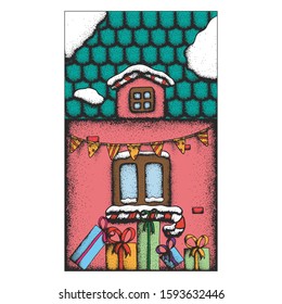 Handdrawn Dotwork vector illustration for vintage gift card. Model of a paper New Year cartoon house with snow on a tiled roof with a window, a window sill in the form of a Christmas candy cane