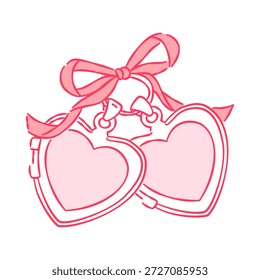 Handgezeichnete doppelte rosa Herz-Medaillen mit Schleife, romantische Paar Schmuck Illustration einzeln auf weiß.