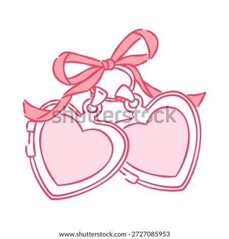 Hand-drawn double pink heart lockets with ribbon bow, romantic couple jewelry illustration isolated on white.