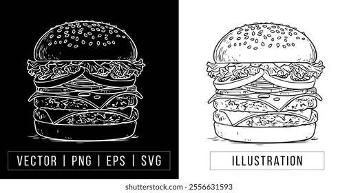 Hand-drawn Double-Decker Burger Illustration - Vector Line Art download