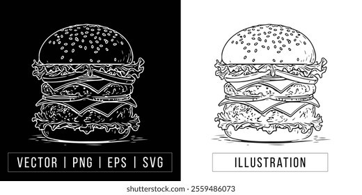 Hand-drawn Double-Decker Burger Illustration - Vector Line Art download