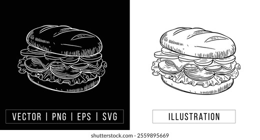 Hand-drawn Double-Decker Burger Illustration - Vector Line Art download