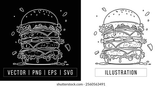 Hand-drawn Double-Decker Burger Illustration - Vector Line Art download