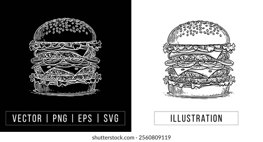 Hand-drawn Double-Decker Burger Illustration - Vector Line Art download