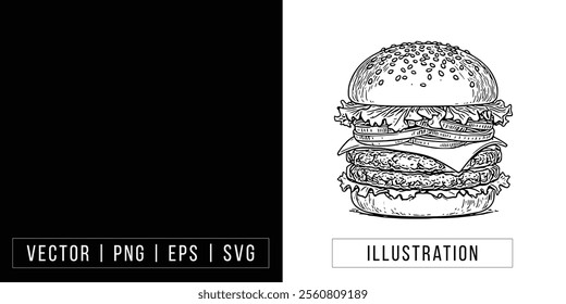 Hand-drawn Double-Decker Burger Illustration - Vector Line Art download