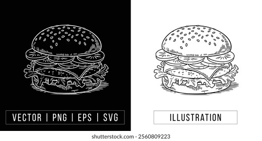 Hand-drawn Double-Decker Burger Illustration - Vector Line Art download