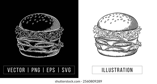 Hand-drawn Double-Decker Burger Illustration - Vector Line Art download