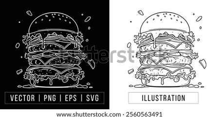 Hand-drawn Double-Decker Burger Illustration - Vector Line Art download