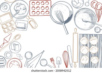 Hand-drawn dough ingredients and bakery utensils. Sketch  illustration. Vector background.