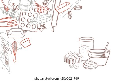 Hand-drawn dough ingredients and bakery utensils. Sketch  illustration. Vector background.