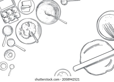 Hand-drawn dough ingredients. Sketch  illustration. Vector background.