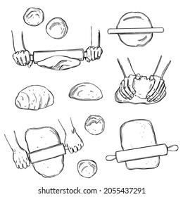 Hand-drawn dough set, hands rolling the dough,.  Vector sketch  illustration.  