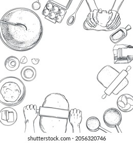 Hand-drawn dough set, hands rolling the dough. Sketch  illustration. Vector background.