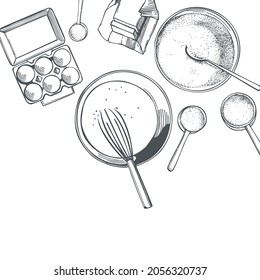 Hand-drawn dough set. Dough ingredients. Sketch  illustration. Vector background.