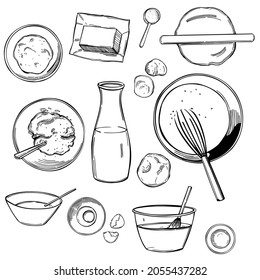 Hand-drawn dough set. Dough ingredients.  Vector sketch  illustration.  