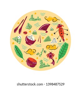 Handdrawn dragon boat festival collection. Vector clipart: rice dumplings, bamboo, chopsticks, koi fish, leaves, drum, waves, clouds and fan. Chinese holiday illustration. Scandinavian style drawing