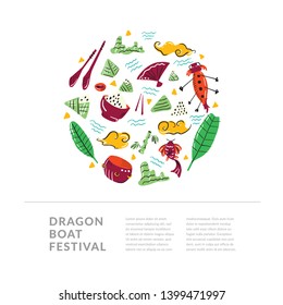 Handdrawn dragon boat festival collection. Vector clipart: rice dumplings, bamboo, chopsticks, koi fish, leaves, drum, waves, clouds and fan. Chinese holiday illustration. Scandinavian style drawing
