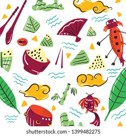 Handdrawn dragon boat festival collection. Vector clipart: rice dumplings, bamboo, chopsticks, koi fish, leaves, drum, waves, clouds and fan. Chinese holiday illustration. Scandinavian style drawing