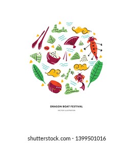 Handdrawn dragon boat festival collection. Vector clipart: rice dumplings, bamboo, chopsticks, koi fish, leaves, drum, waves, clouds and fan. Chinese holiday illustration. Scandinavian style drawing