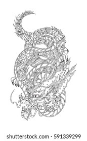 Hand-drawn dragon with ethnic doodle pattern. Coloring page - zendala, for  coloring  and meditation for adults, vector illustration, isolated on a white background. Zen doodle.