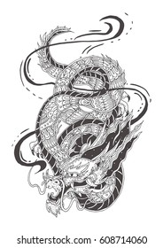 Hand-drawn dragon with ethnic doodle pattern. Coloring page - zendala, for  coloring  and meditation for adults, vector illustration, isolated on a white background. Zen doodle.