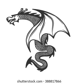 Hand-drawn dragon isolated on the white background.