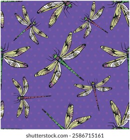 Hand-Drawn Dragonflies Seamless Pattern Colorful and Fun