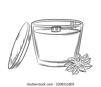 Hand-drawn drawing of an anise scented candle. Linear simple candle in a candlestick with wooden wick and lid. Doodle sketch style. Isolated vector illustration.